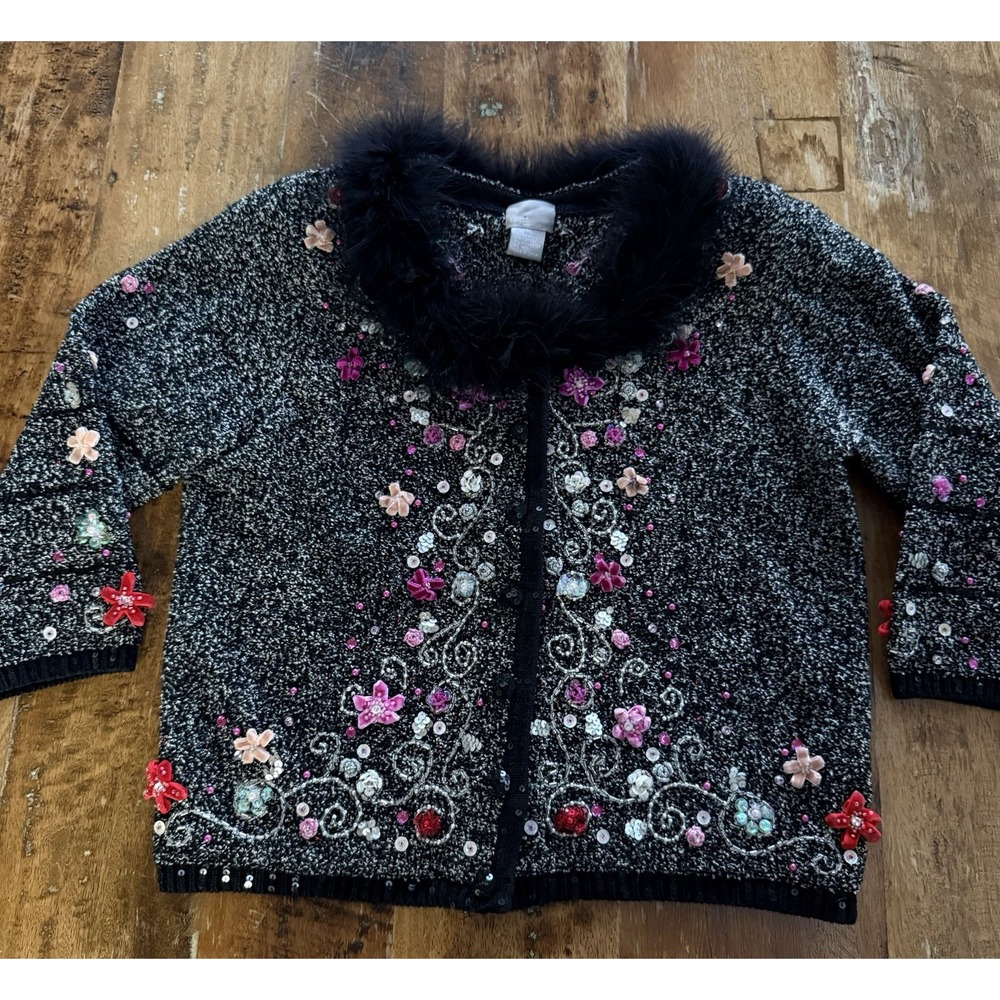 Vintage 90s Y2K Berek Cardigan Sweater Beaded Feather Trim Floral 2000s Medium‎